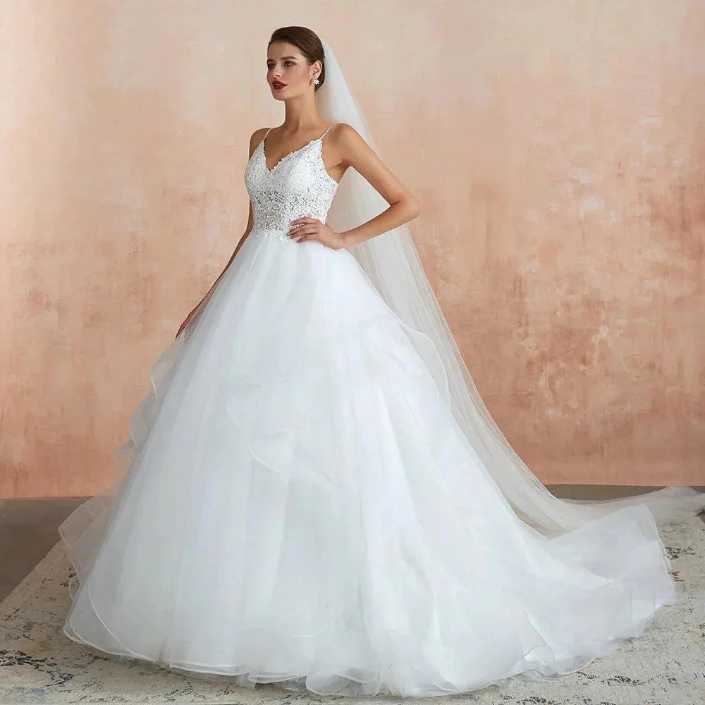 Long A-line V-neck Appliques Tulle Wedding Dress - Image 5