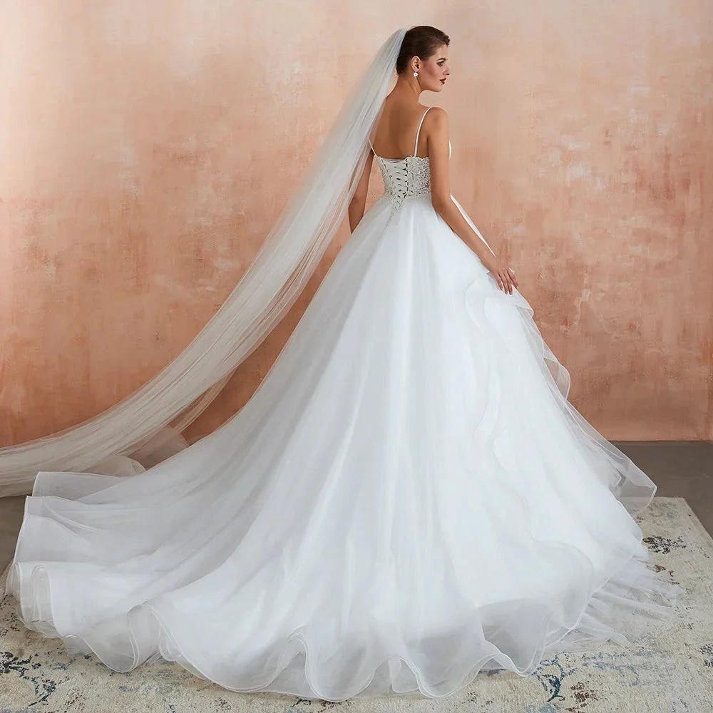 Long A-line V-neck Appliques Tulle Wedding Dress - Image 6