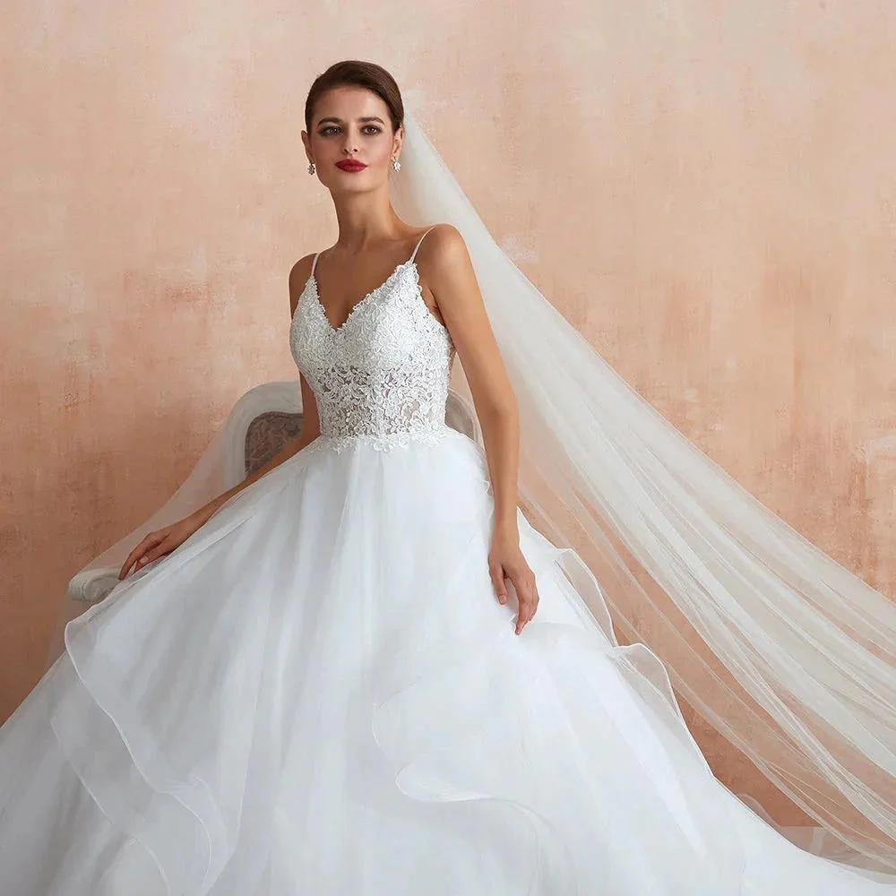 Long A-line V-neck Appliques Tulle Wedding Dress - Image 7