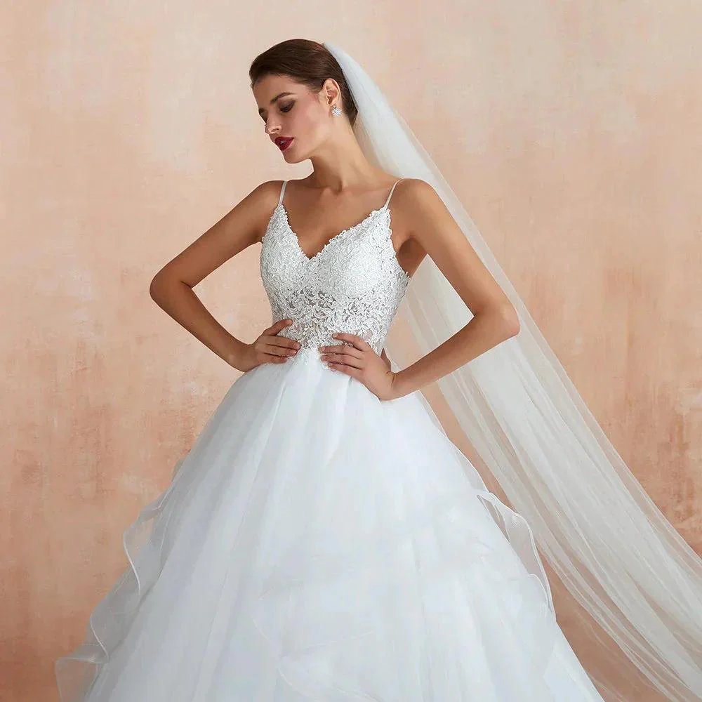 Long A-line V-neck Appliques Tulle Wedding Dress - Image 8