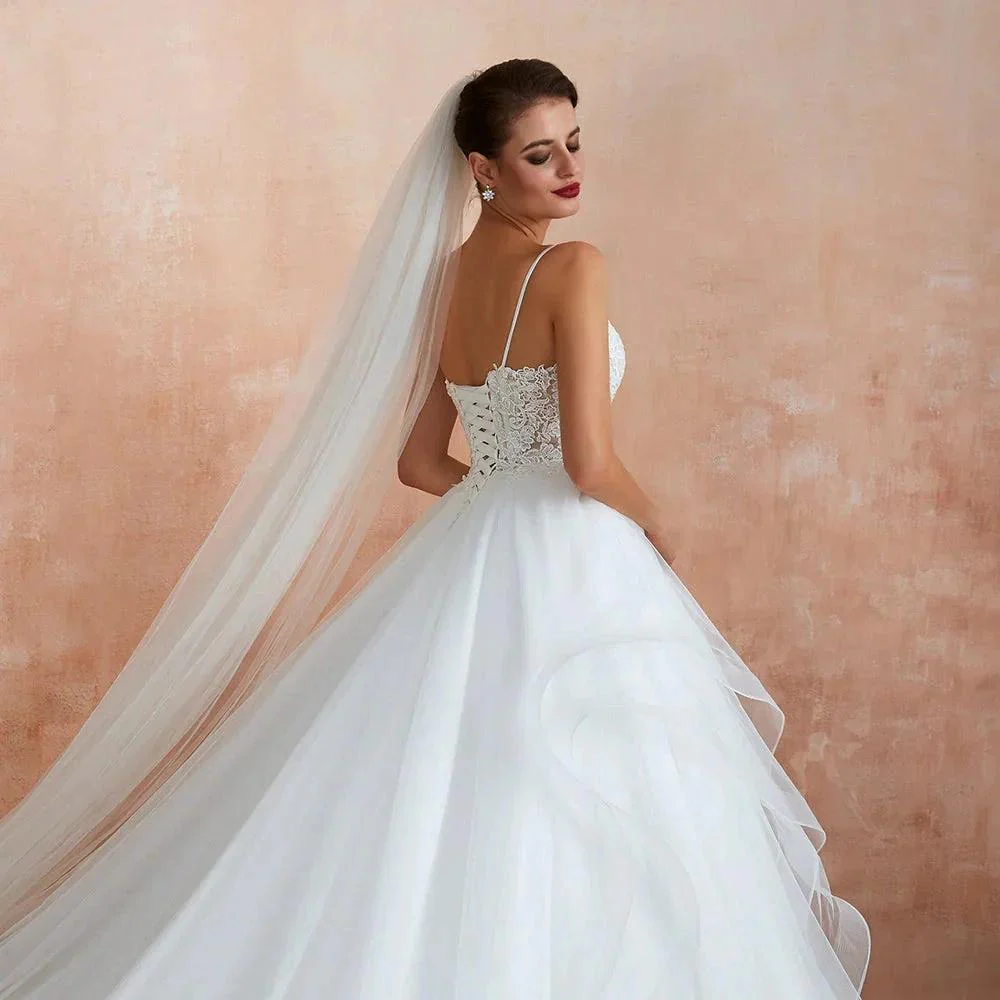 Long A-line V-neck Appliques Tulle Wedding Dress - Image 9
