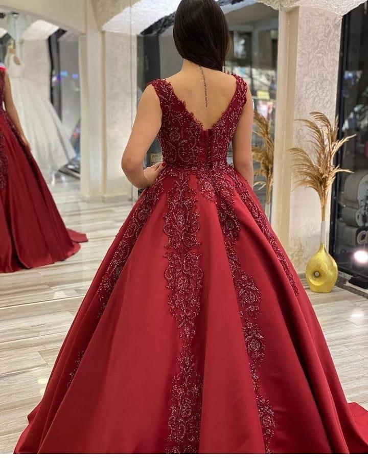 Long A-Line V-neck Backless Appliques Beading Satin Ruffles Prom Dress - Image 2
