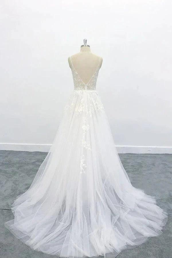 Long A-line V-neck Backless Appliques Lace Tulle Wedding Dress - Image 2