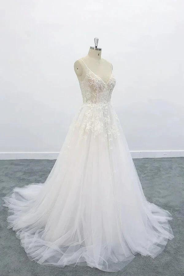 Long A-line V-neck Backless Appliques Lace Tulle Wedding Dress - Image 3