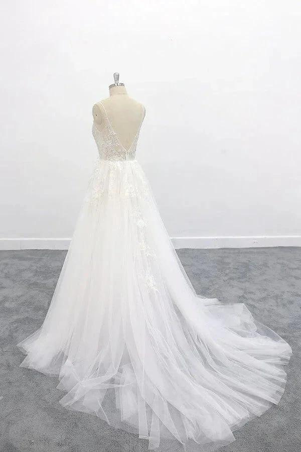 Long A-line V-neck Backless Appliques Lace Tulle Wedding Dress - Image 4