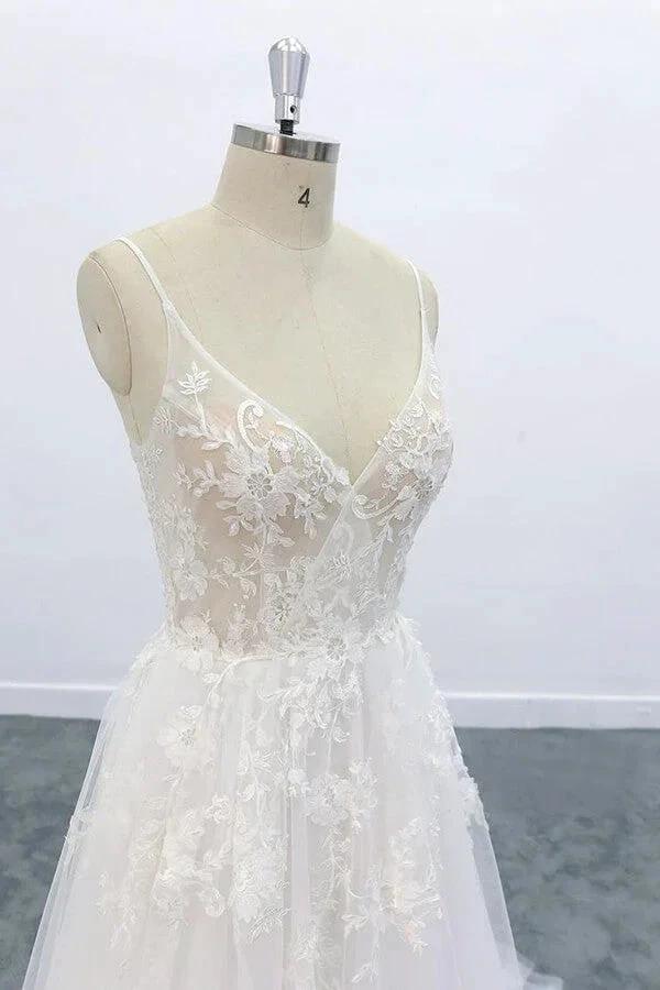 Long A-line V-neck Backless Appliques Lace Tulle Wedding Dress - Image 5
