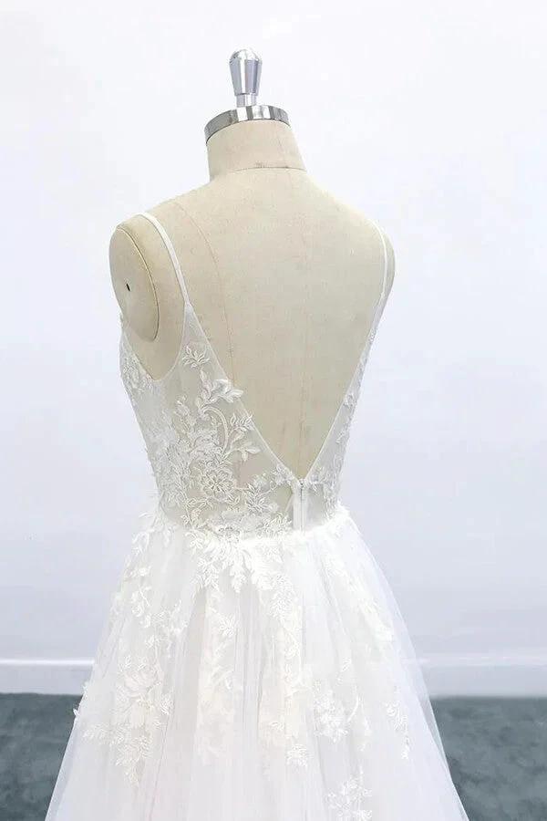 Long A-line V-neck Backless Appliques Lace Tulle Wedding Dress - Image 6