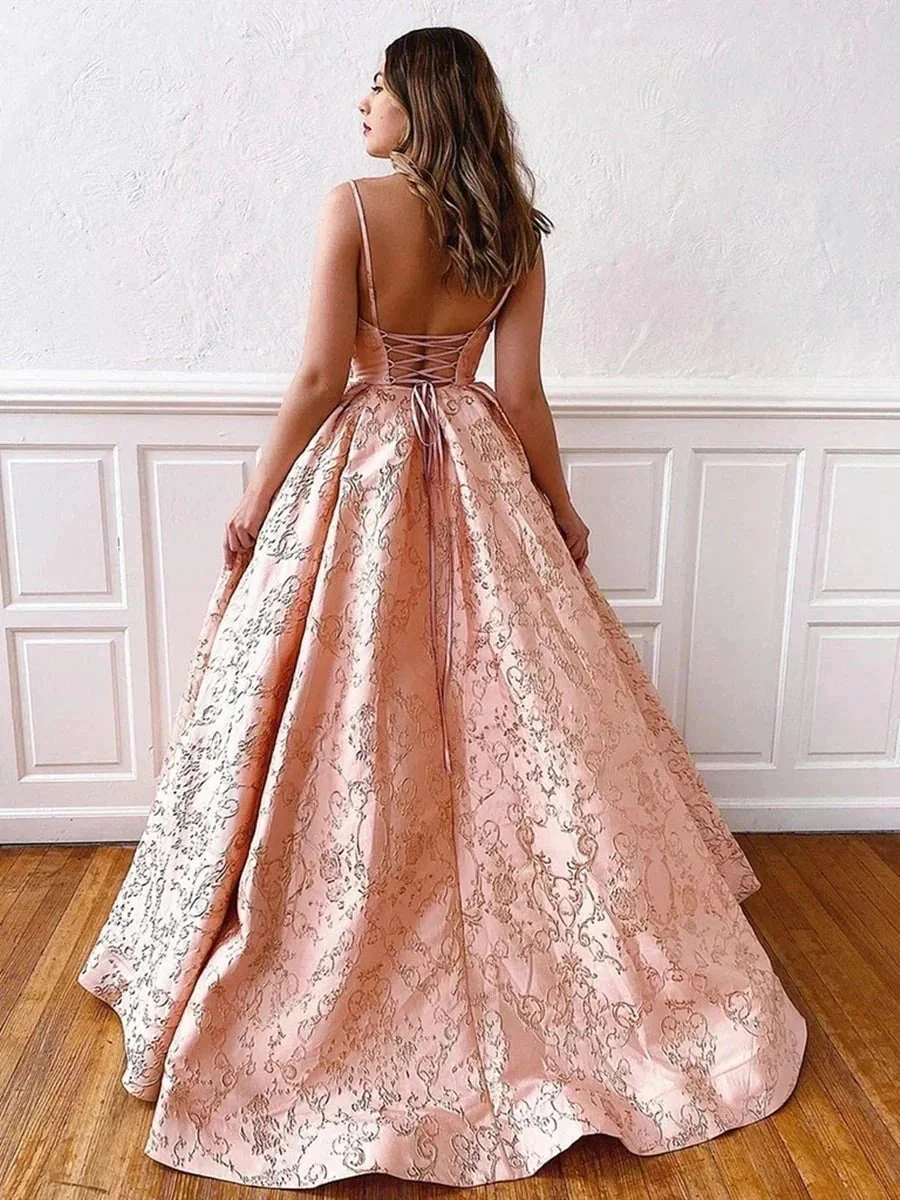 Long A-line V Neck Backless Lace Prom Dresses with Corset Back - Image 2