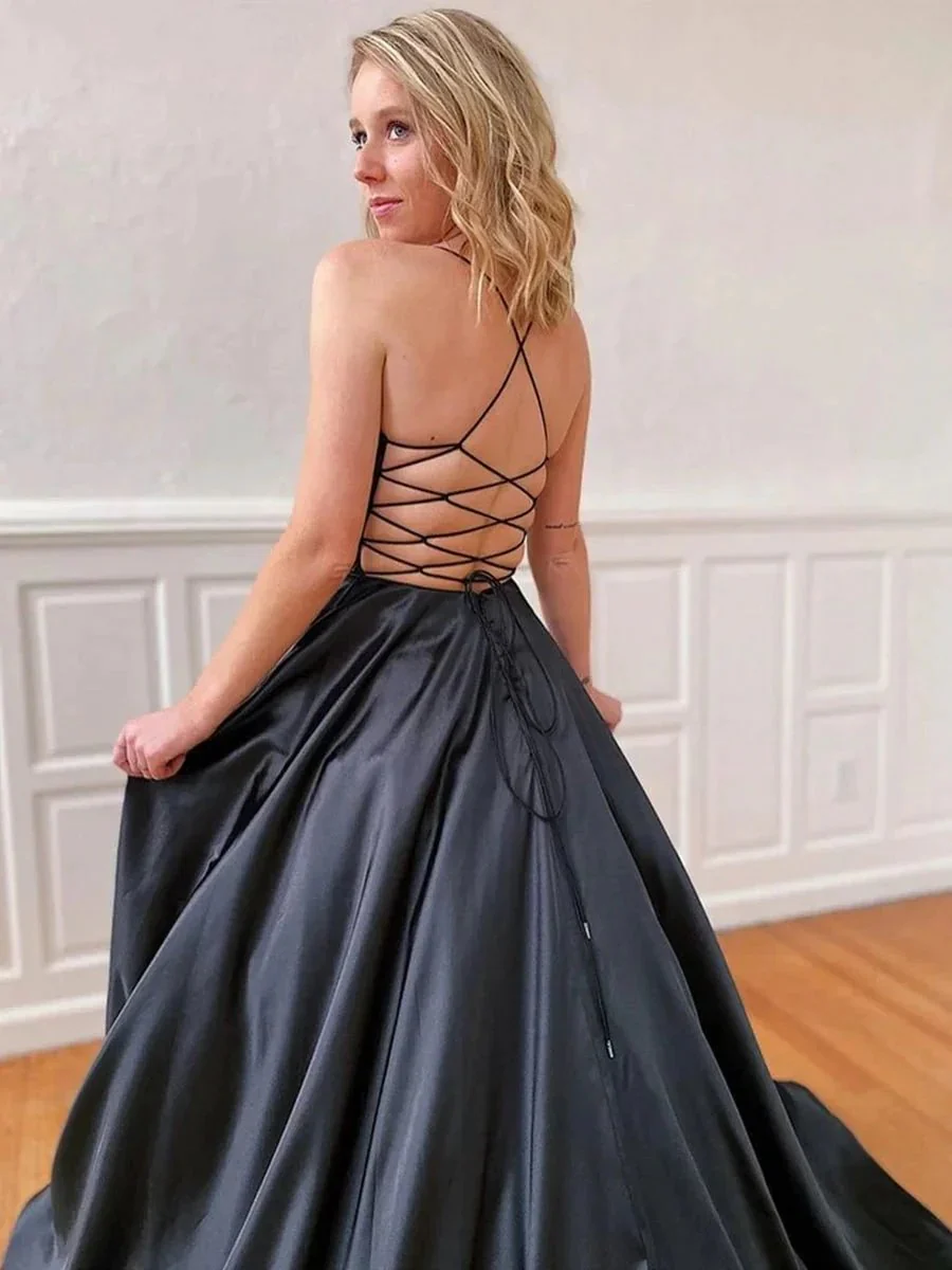 Long A-line V-neck Backless Satin Prom Dresses Black Open Back Formal Gowns - Image 2