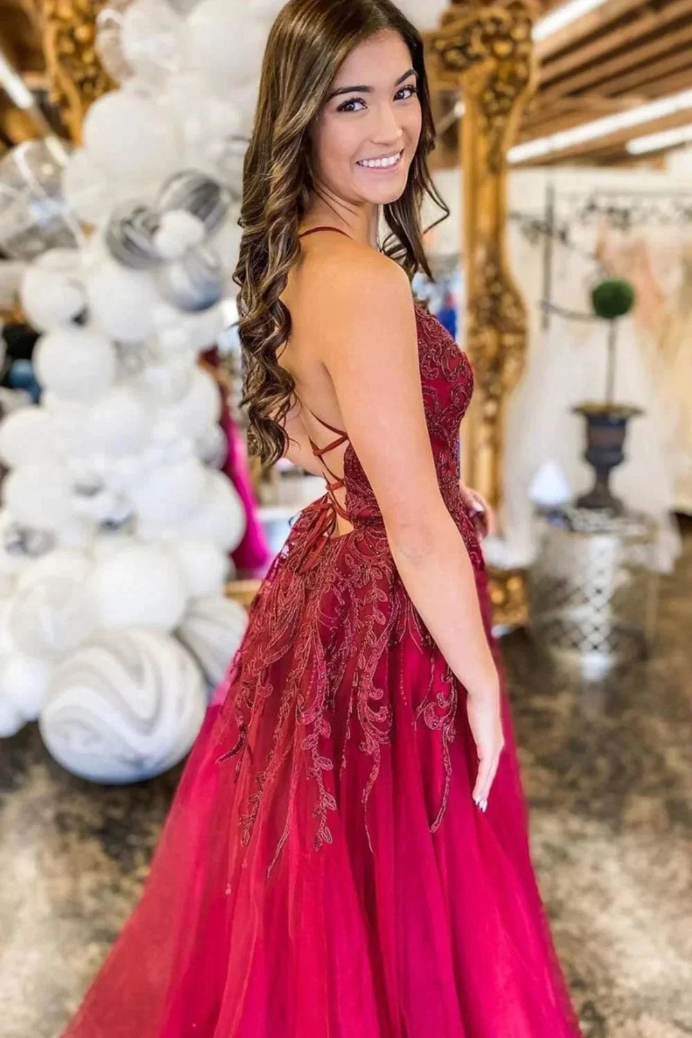 Long A-line V Neck Backless Tulle Lace Prom Formal Evening Dress with Slit - Image 2