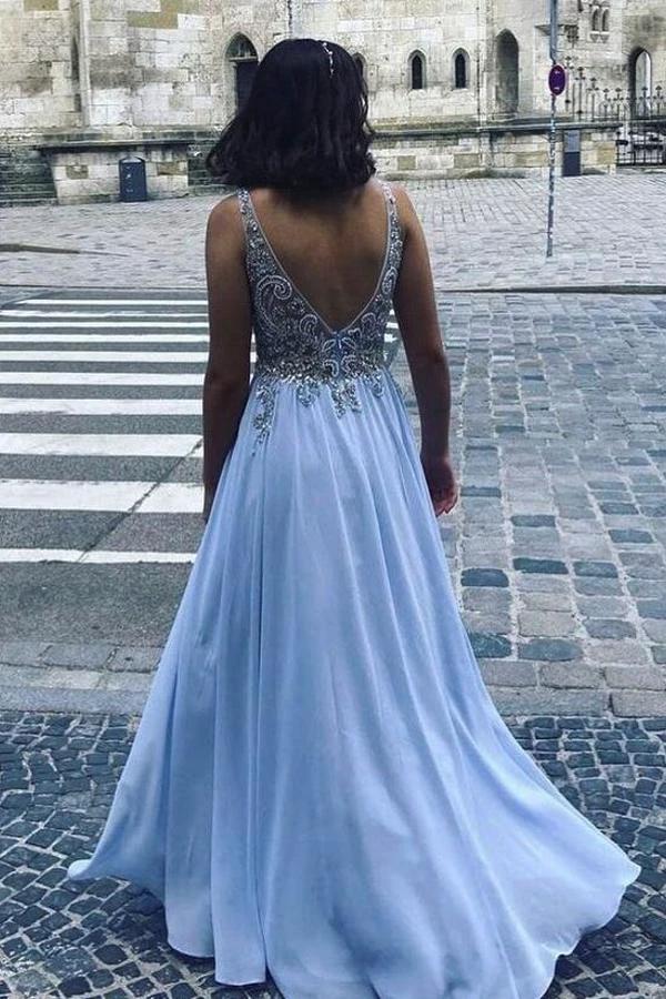 Long A-line V-neck Chiffon Beading Backless Prom Dress - Image 2