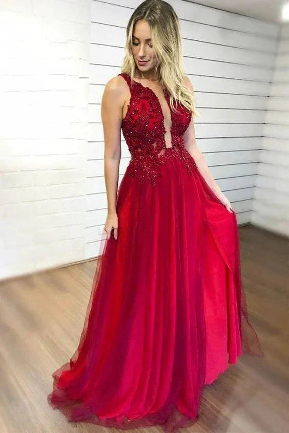 Long A-Line V-neck Chiffon Beading Red Prom Dresses with Slit - Image 2
