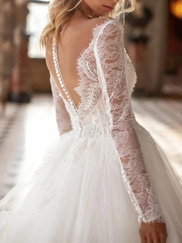 Long A-Line V Neck Court Train Lace Tulle Backless Wedding Dresses with Sleeves - Image 2