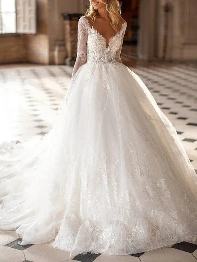 Long A-Line V Neck Court Train Lace Tulle Backless Wedding Dresses with Sleeves - Image 3