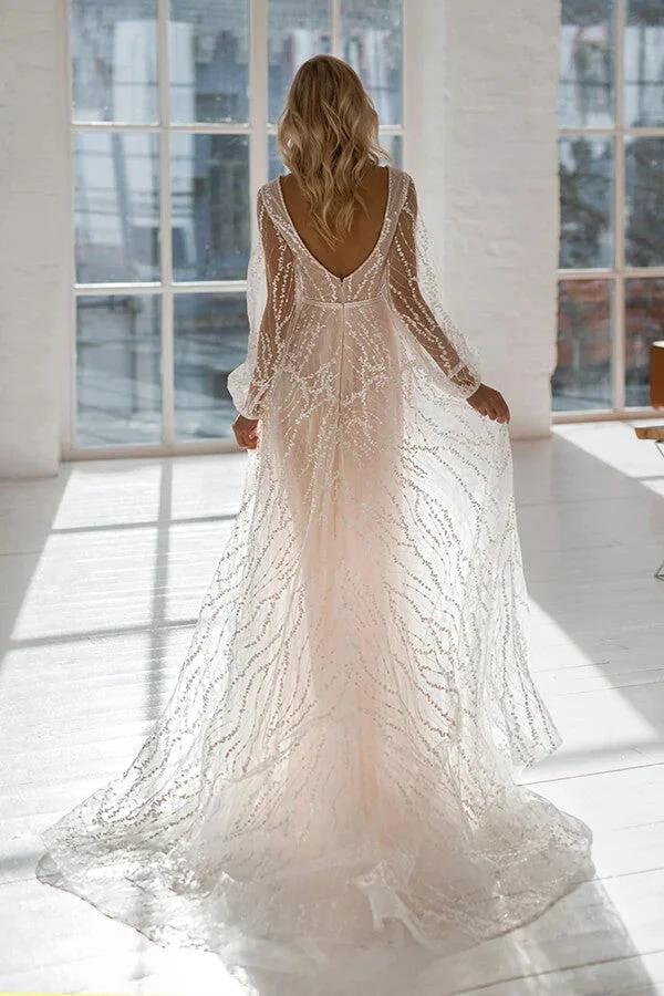 Long A-line V-neck Court Train Tulle Wedding Dress with Sleeves - Image 2