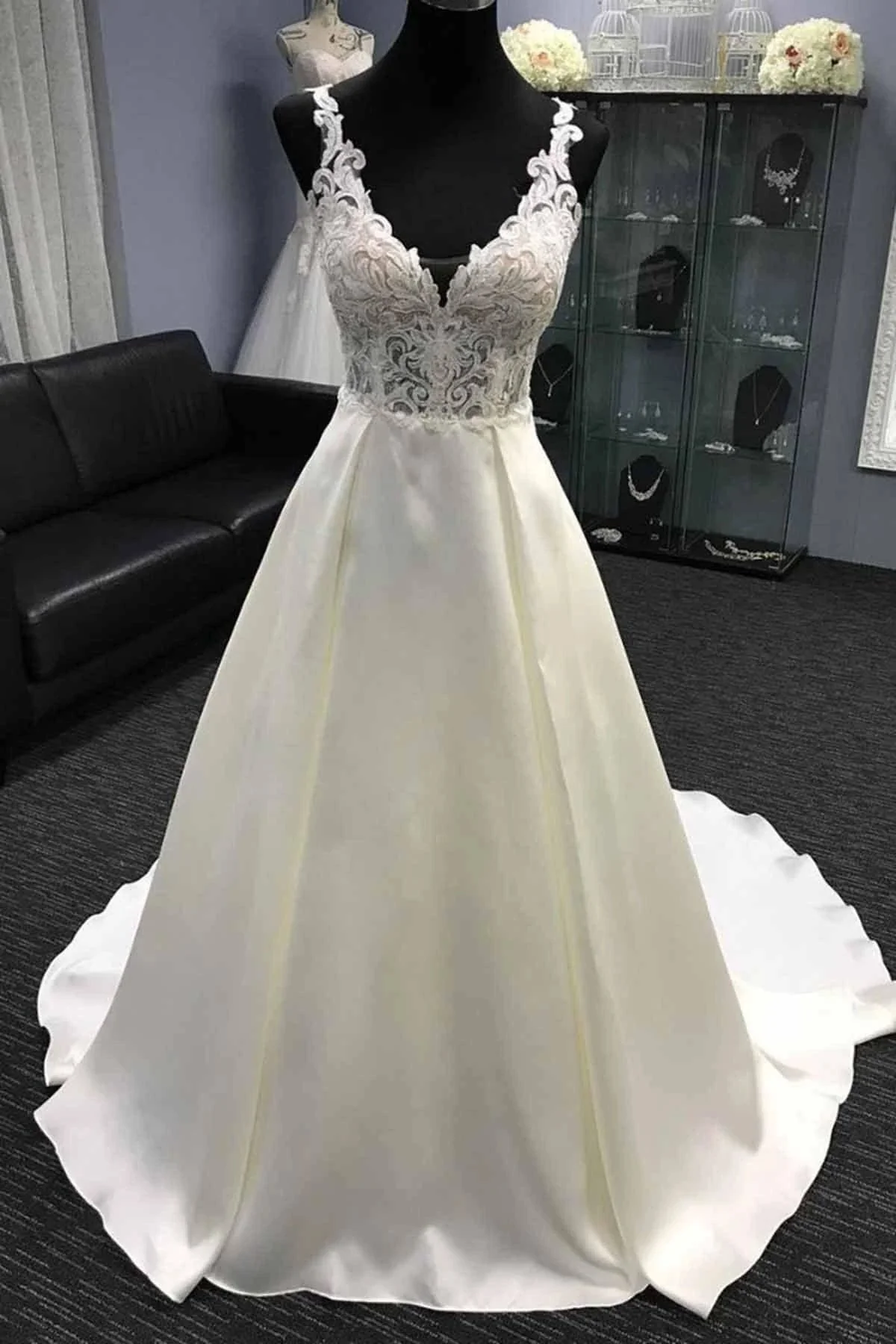 Long A-Line V Neck Halter Satin Wedding Dress - Image 2