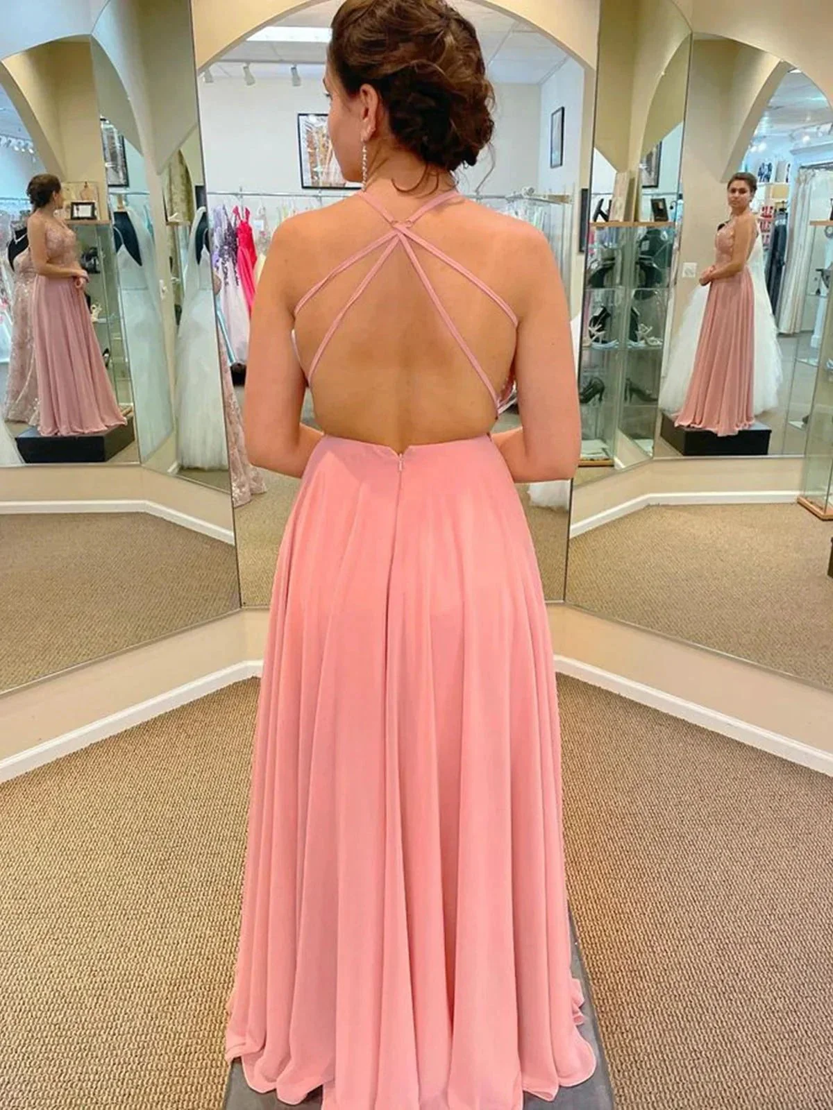 Long A-line V-neck Lace Chiffon Prom Dress with Slit Pink Formal Graduation Evening Dresses - Image 2