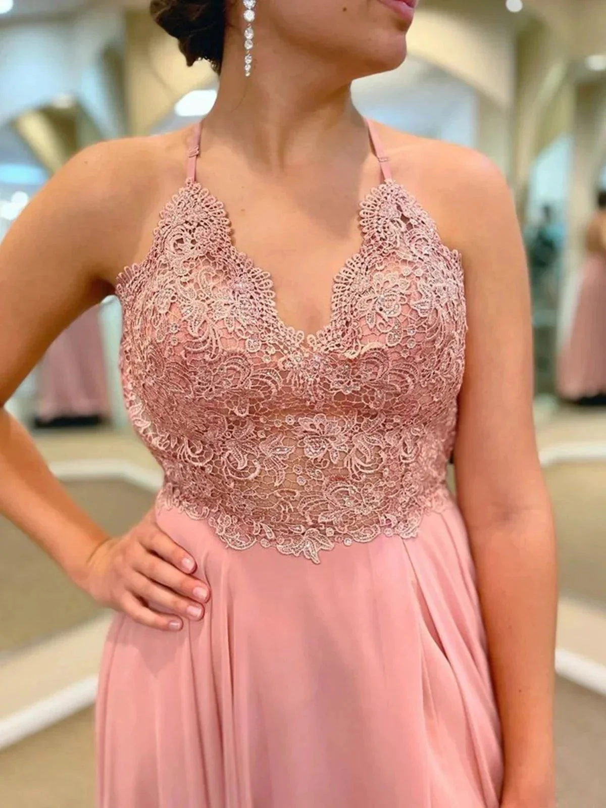 Long A-line V-neck Lace Chiffon Prom Dress with Slit Pink Formal Graduation Evening Dresses - Image 3