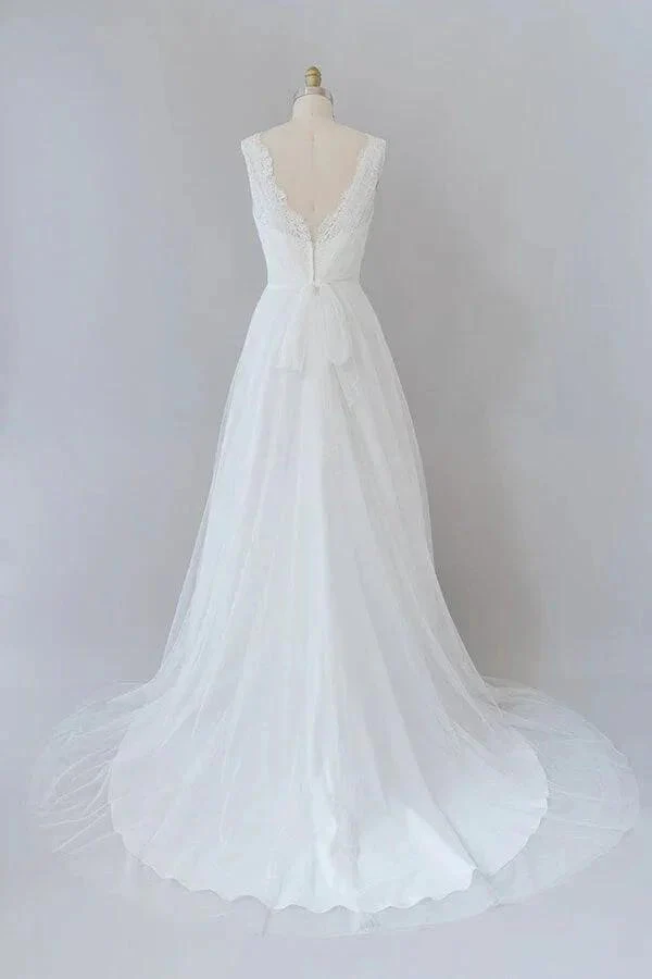 Long A-line V-neck Lace Tulle Backless Wedding Dress - Image 2