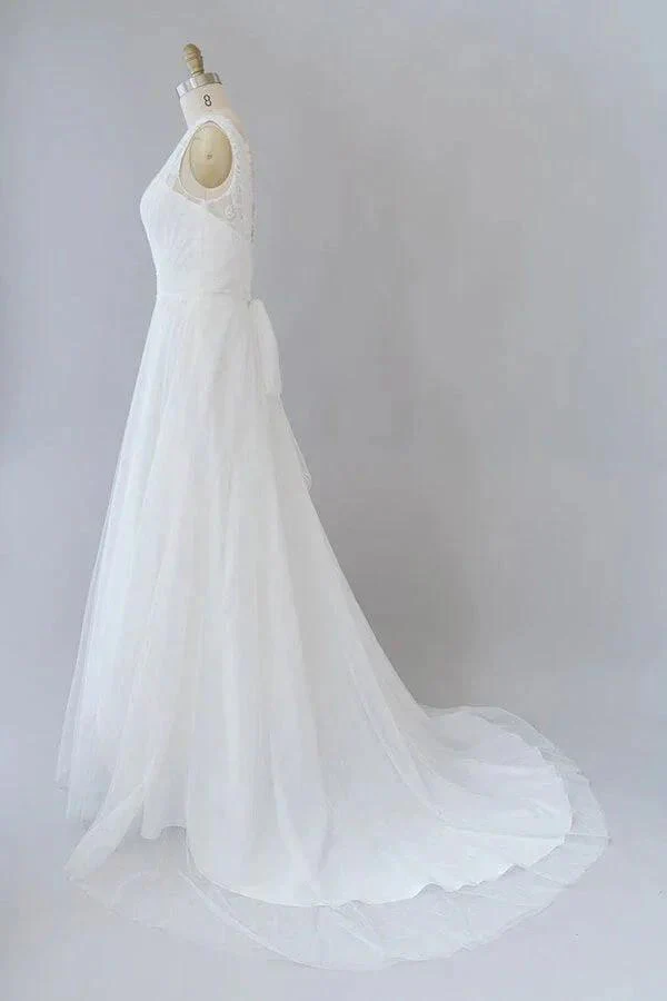 Long A-line V-neck Lace Tulle Backless Wedding Dress - Image 3