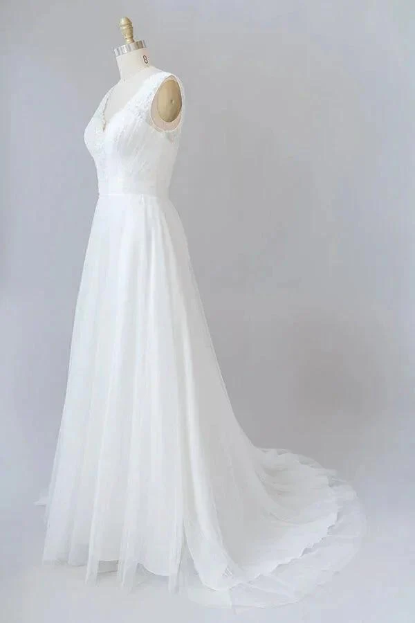 Long A-line V-neck Lace Tulle Backless Wedding Dress - Image 4