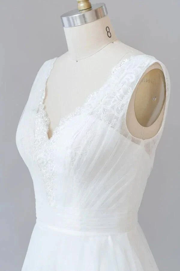 Long A-line V-neck Lace Tulle Backless Wedding Dress - Image 5