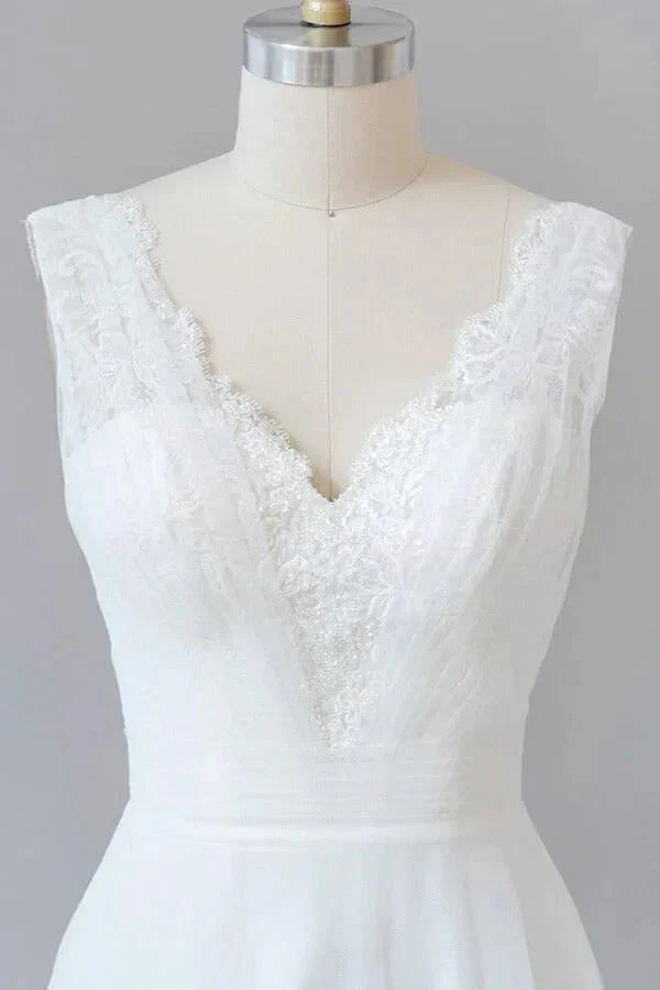Long A-line V-neck Lace Tulle Backless Wedding Dress - Image 6
