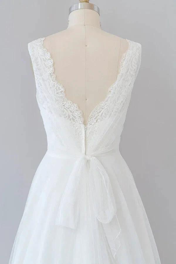 Long A-line V-neck Lace Tulle Backless Wedding Dress - Image 7