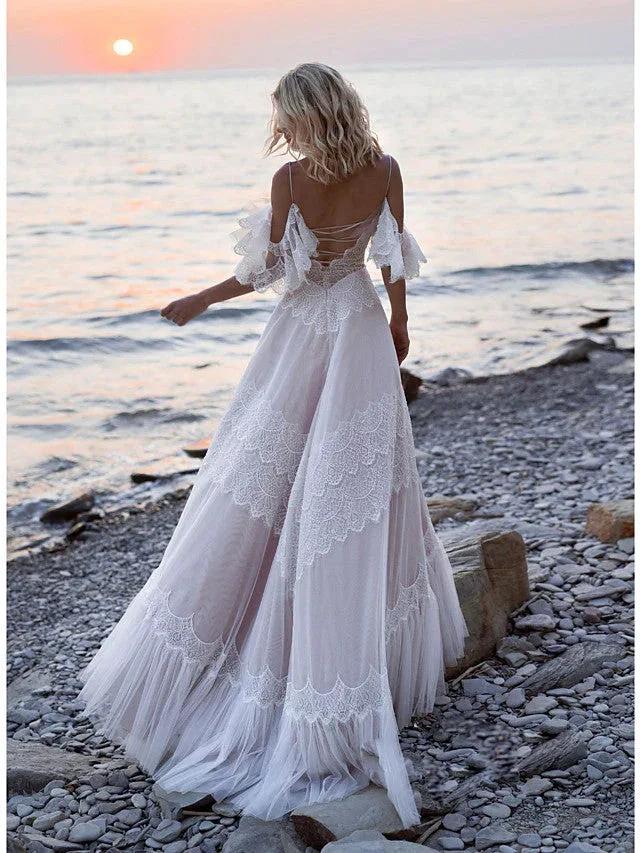 Long A-Line V Neck Lace Tulle Backless Wedding Dresses with Sleeves - Image 2