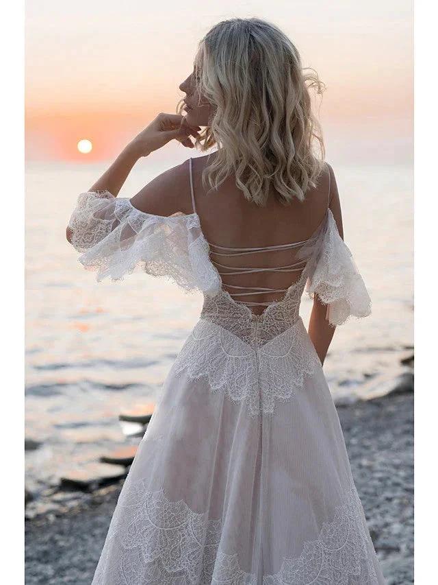 Long A-Line V Neck Lace Tulle Backless Wedding Dresses with Sleeves - Image 3