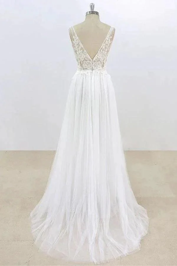 Long A-line V-neck Lace Tulle Open Back Wedding Dress - Image 2