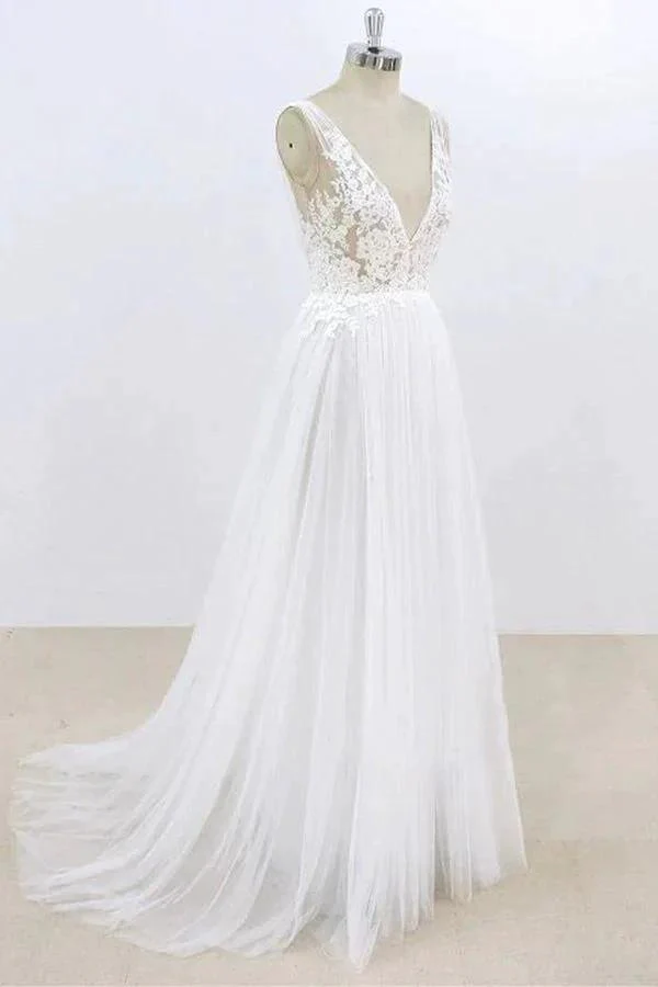 Long A-line V-neck Lace Tulle Open Back Wedding Dress - Image 3