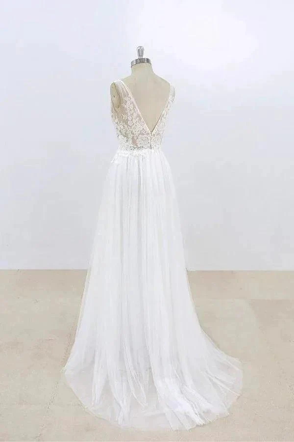 Long A-line V-neck Lace Tulle Open Back Wedding Dress - Image 4