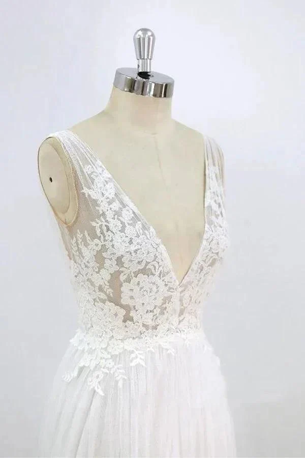 Long A-line V-neck Lace Tulle Open Back Wedding Dress - Image 5