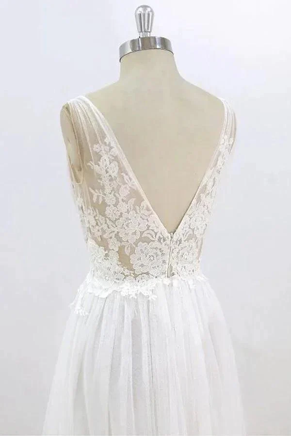 Long A-line V-neck Lace Tulle Open Back Wedding Dress - Image 6