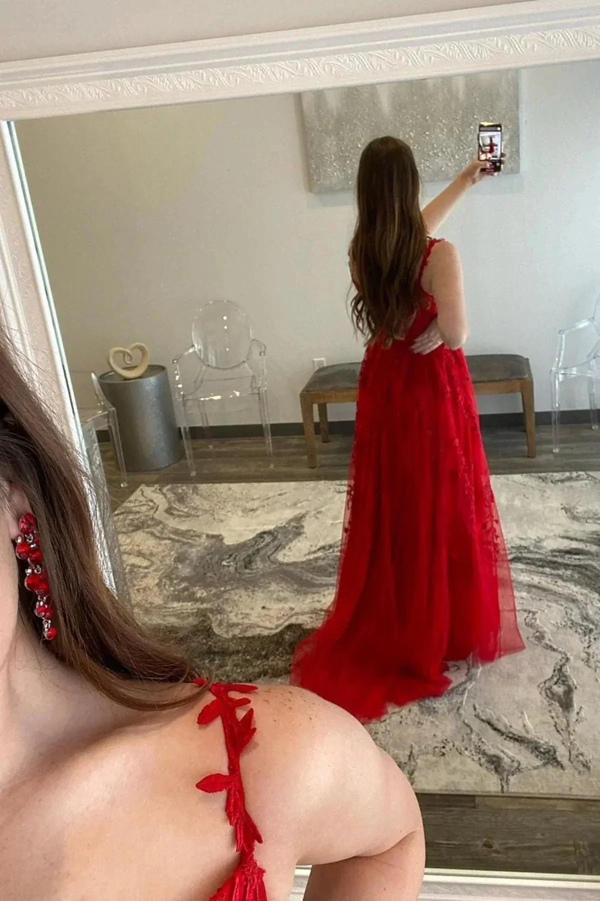 Long A Line V Neck Lace Tulle Prom Dresses with Slit Red Formal Graduation Evening Dresses - Image 3
