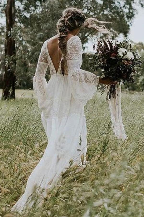 Long A-line V-neck Lace Tulle Wedding Dress with Sleeves - Image 2