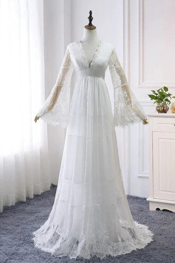 Long A-line V-neck Lace Tulle Wedding Dress with Sleeves - Image 3