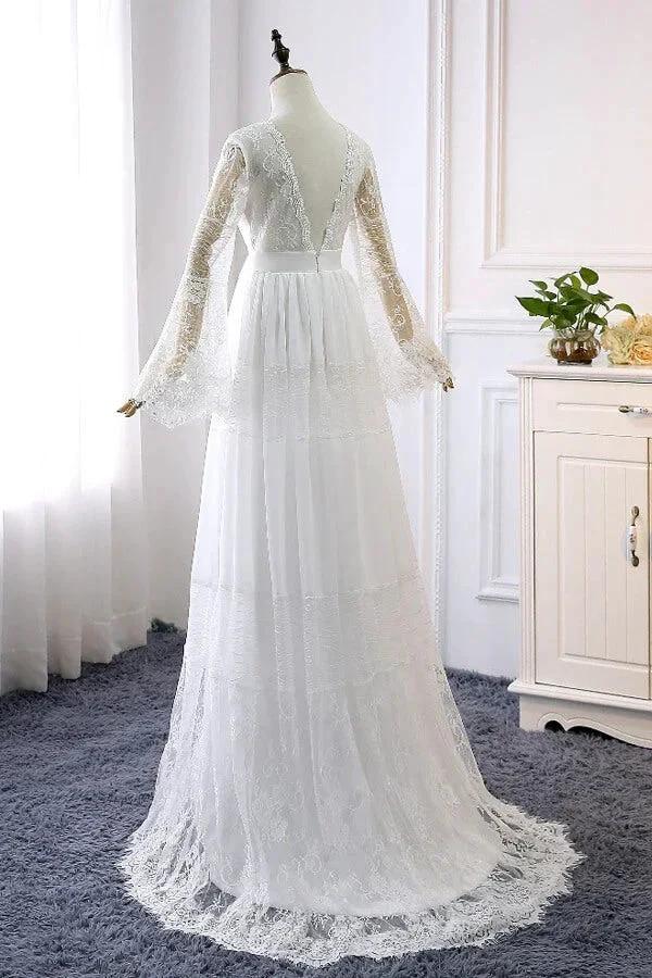 Long A-line V-neck Lace Tulle Wedding Dress with Sleeves - Image 4