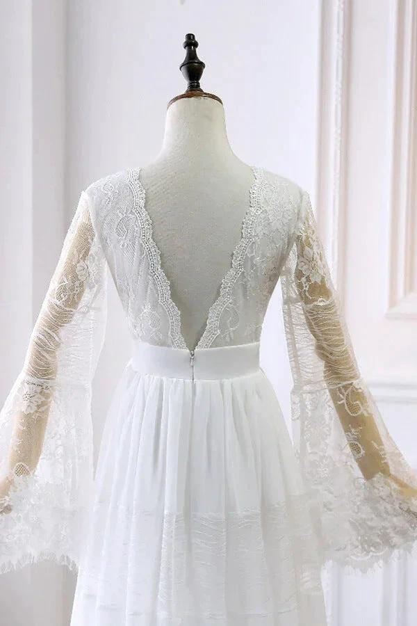 Long A-line V-neck Lace Tulle Wedding Dress with Sleeves - Image 6