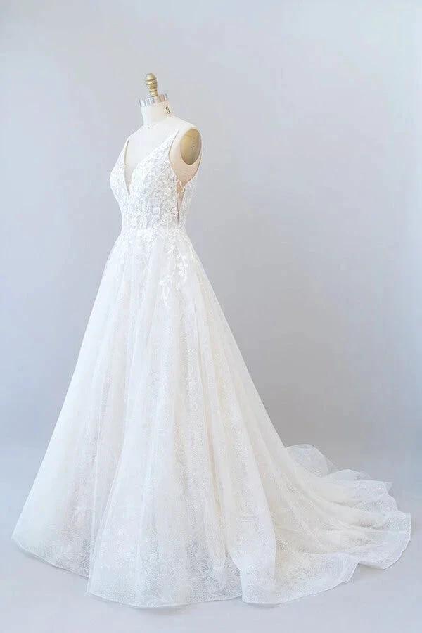 Long A-line V-neck Open Back Appliques Lace Tulle Wedding Dress - Image 2