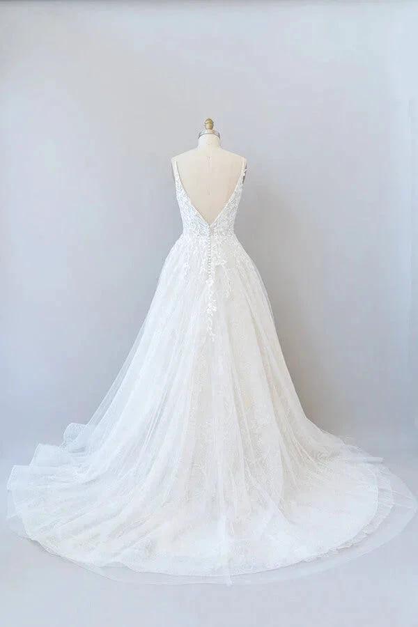 Long A-line V-neck Open Back Appliques Lace Tulle Wedding Dress - Image 3