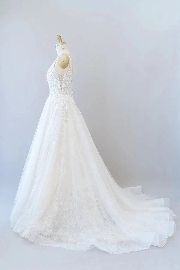 Long A-line V-neck Open Back Appliques Lace Tulle Wedding Dress - Image 4