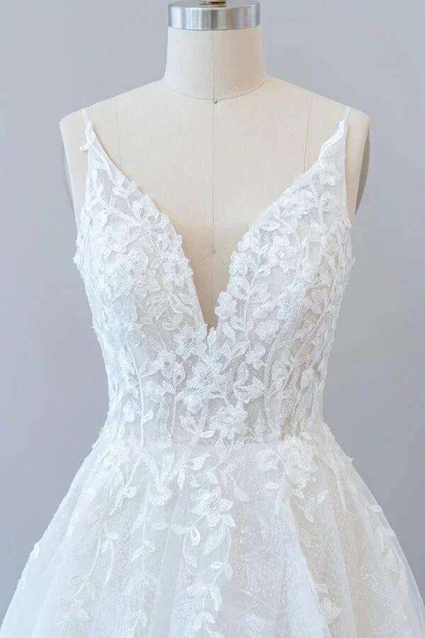 Long A-line V-neck Open Back Appliques Lace Tulle Wedding Dress - Image 5