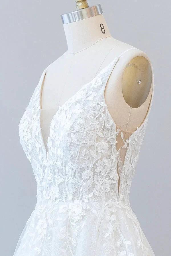 Long A-line V-neck Open Back Appliques Lace Tulle Wedding Dress - Image 6