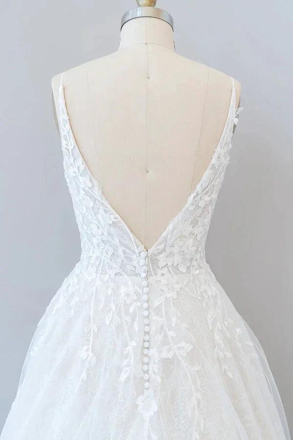 Long A-line V-neck Open Back Appliques Lace Tulle Wedding Dress - Image 7