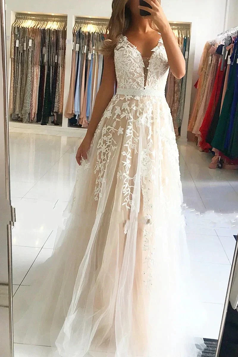 Long A-Line V-neck Open Back Lace Tulle Prom Dress - Image 2