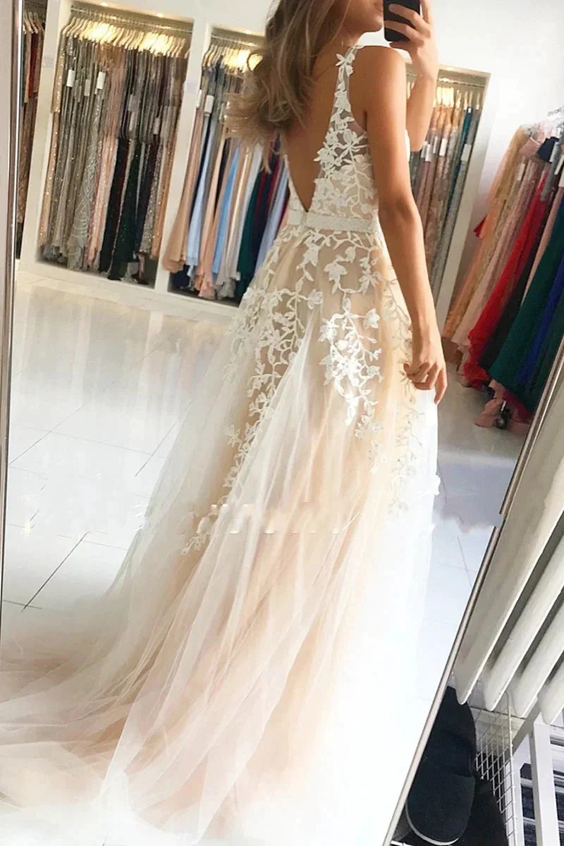 Long A-Line V-neck Open Back Lace Tulle Prom Dress - Image 3