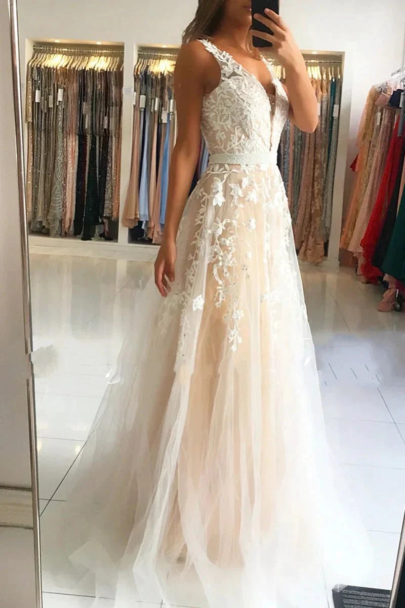Long A-Line V-neck Open Back Lace Tulle Prom Dress - Image 4