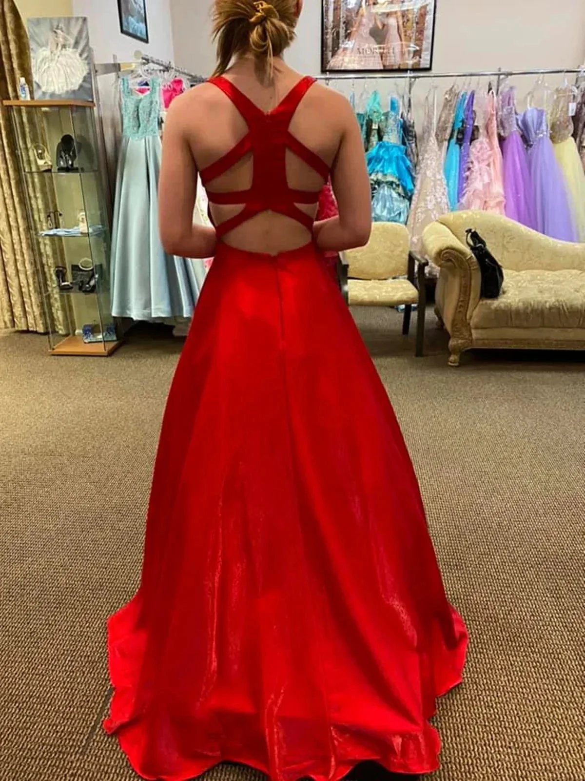 Long A Line V Neck Satin Backless Prom Dresses with Pockets Red Formal Graduation Evening Dresses - Image 2